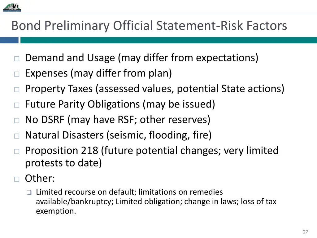 bond preliminary official statement risk factors