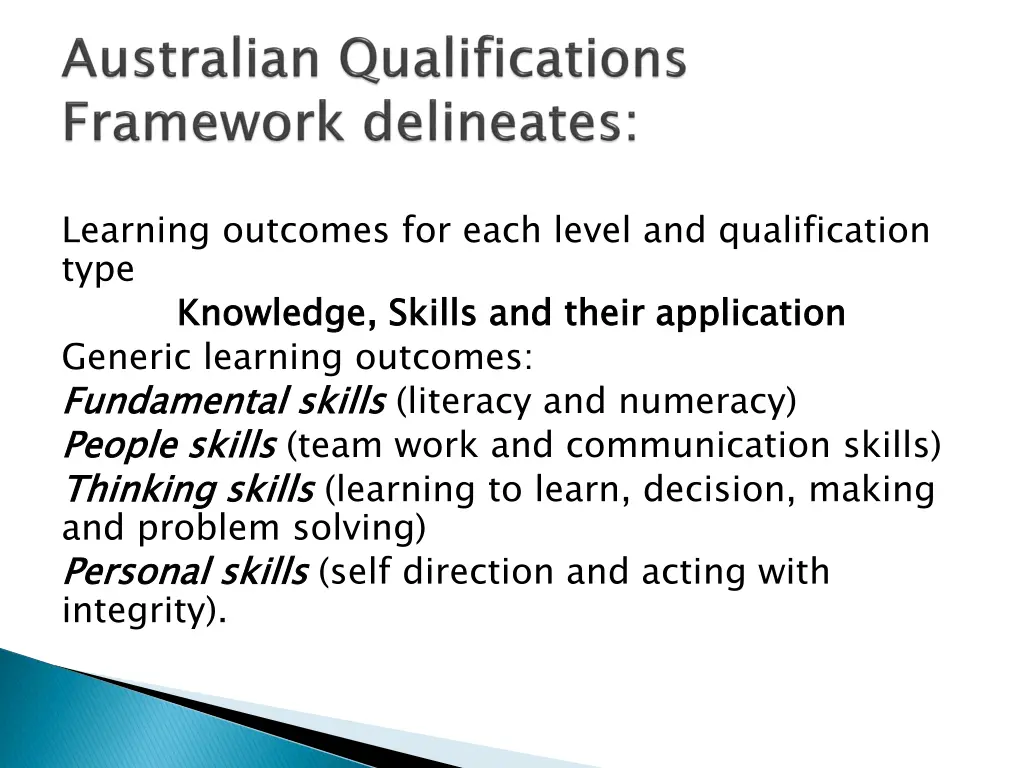learning outcomes for each level