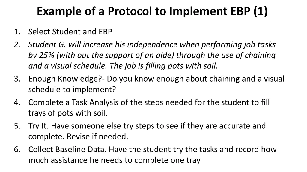 example of a protocol to implement ebp 1