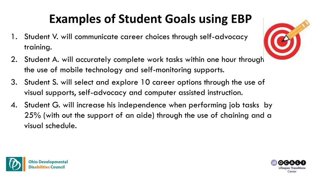examples of student goals using ebp