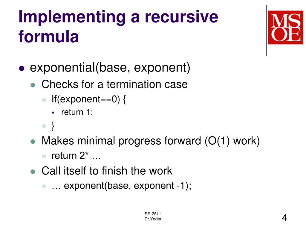 implementing a recursive formula
