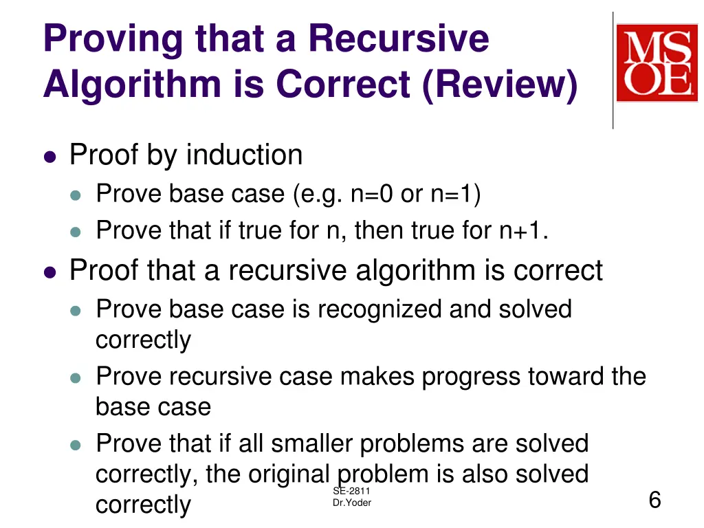 proving that a recursive algorithm is correct