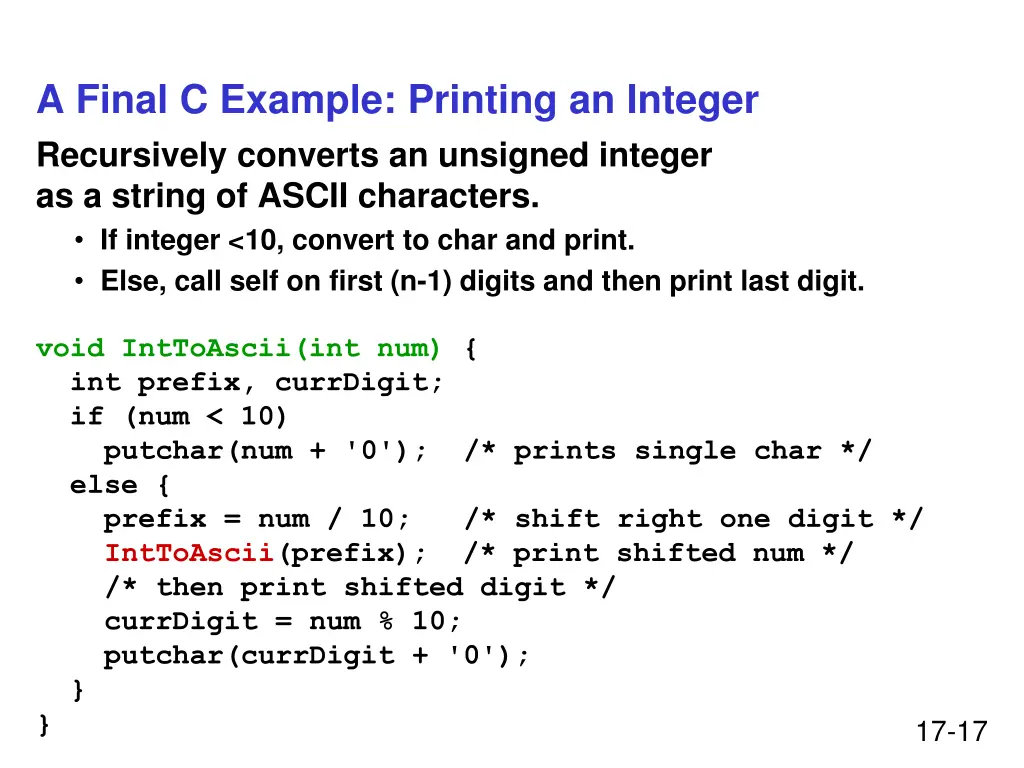 a final c example printing an integer recursively