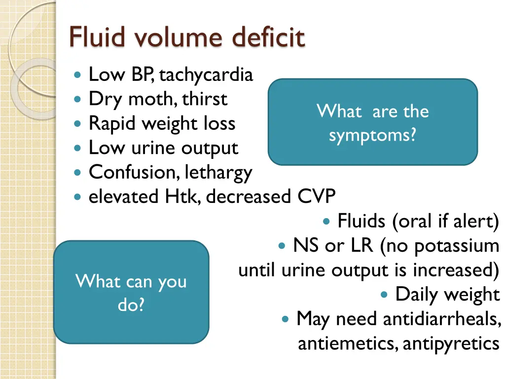 fluid volume deficit low bp tachycardia dry moth
