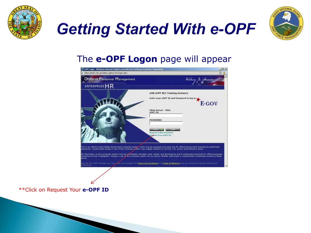 the e opf logon page will appear