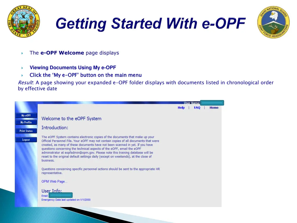 the e opf welcome page displays