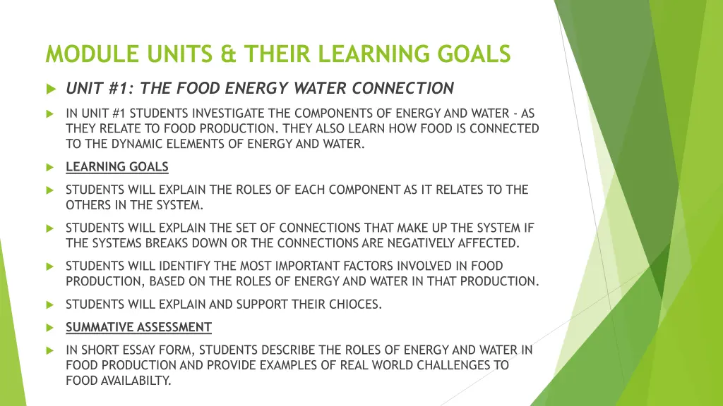 module units their learning goals unit 1 the food