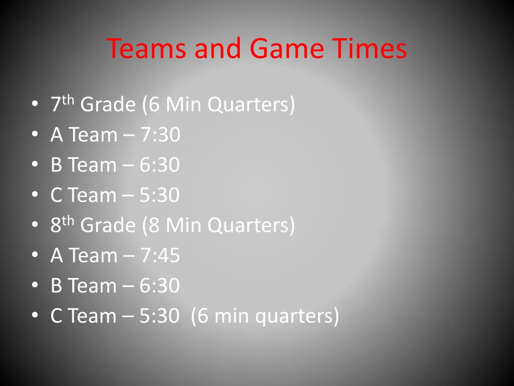 teams and game times