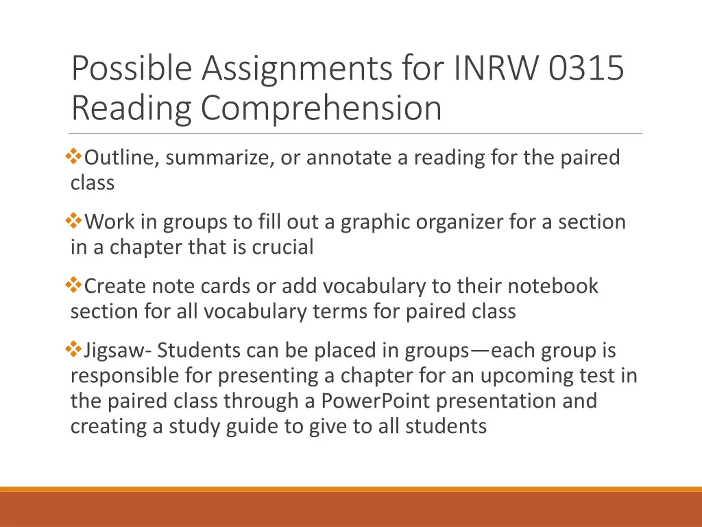 possible assignments for inrw 0315 reading