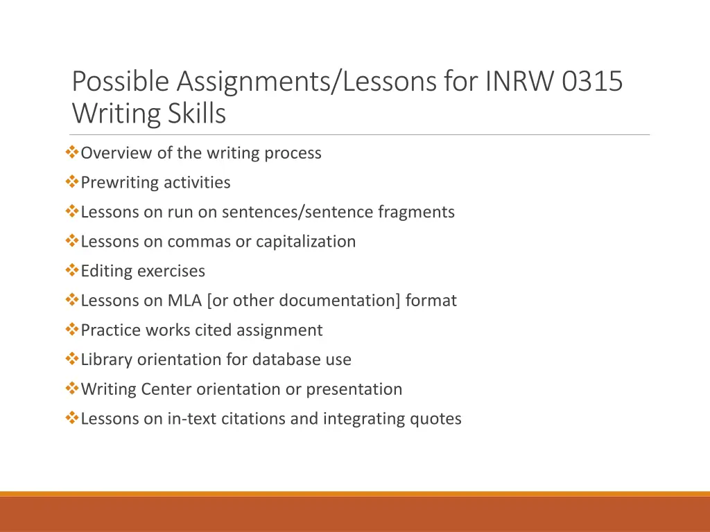 possible assignments lessons for inrw 0315