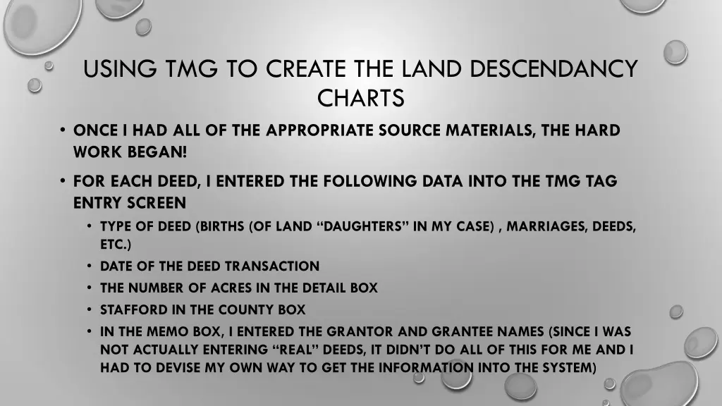 using tmg to create the land descendancy charts