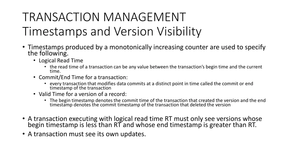 transaction management timestamps and version