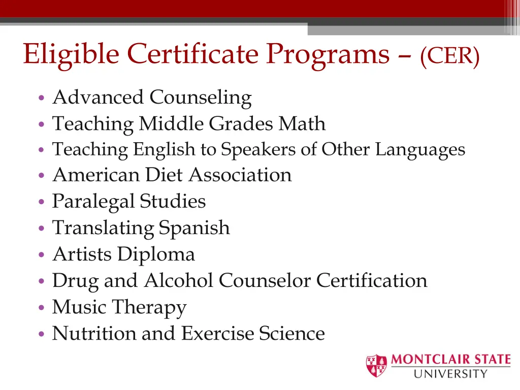 eligible certificate programs cer