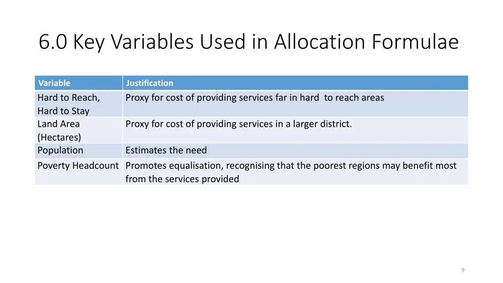 6 0 key variables used in allocation formulae