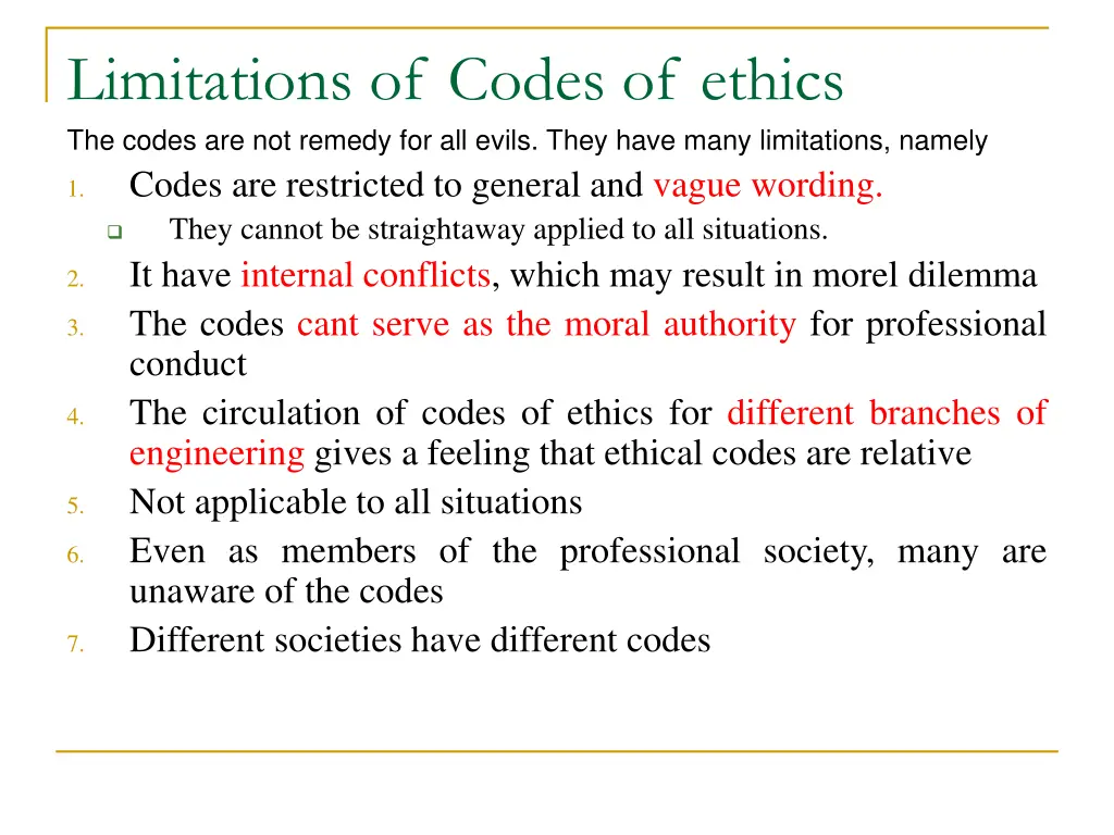 limitations of codes of ethics the codes