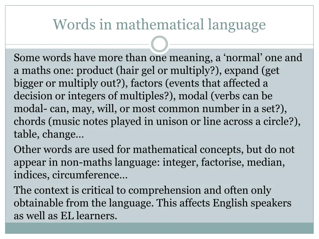 words in mathematical language
