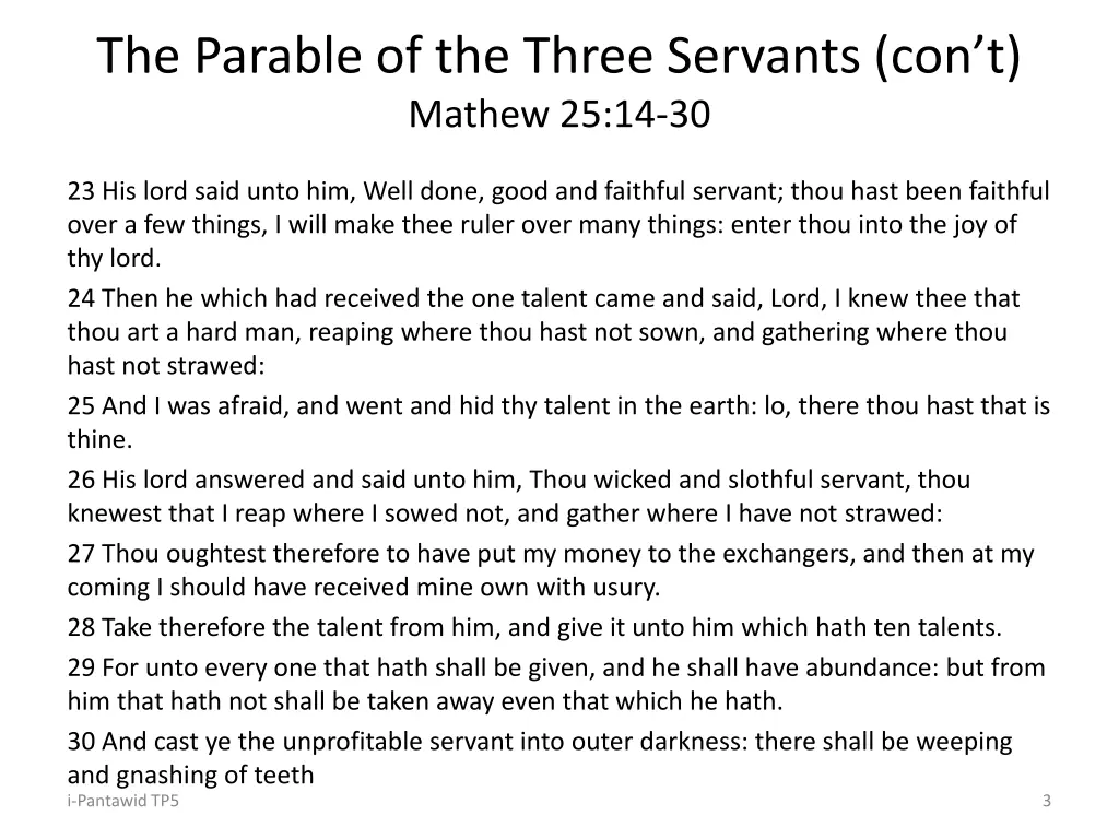 the parable of the three servants con t mathew
