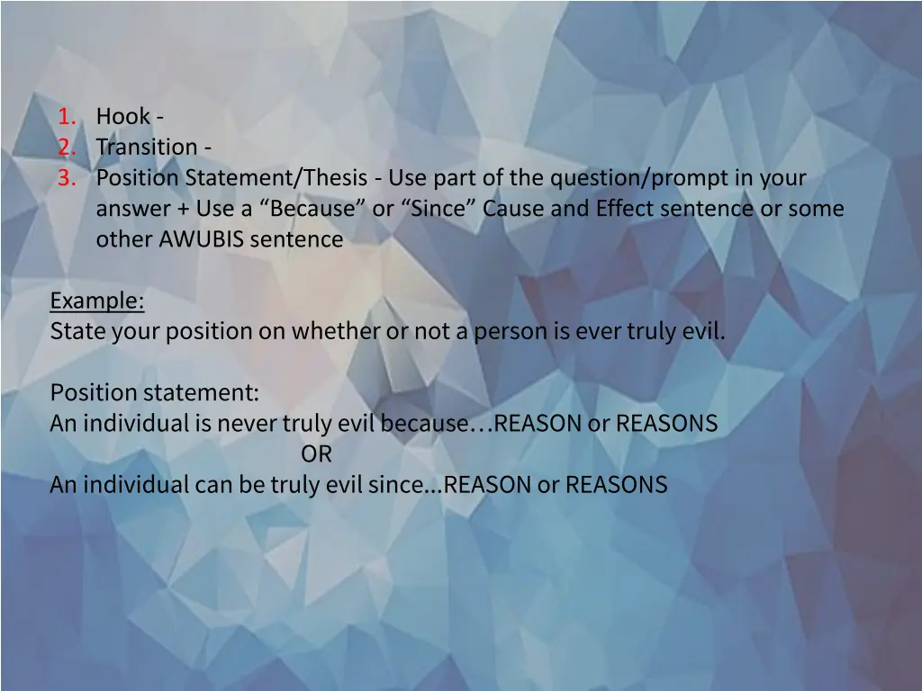 1 hook 2 transition 3 position statement thesis