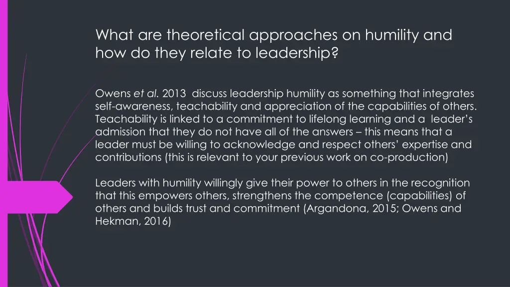 what are theoretical approaches on humility