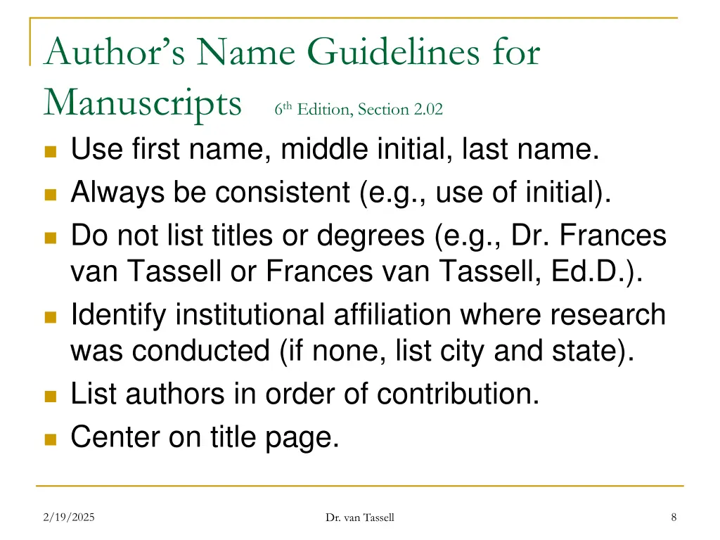 author s name guidelines for manuscripts