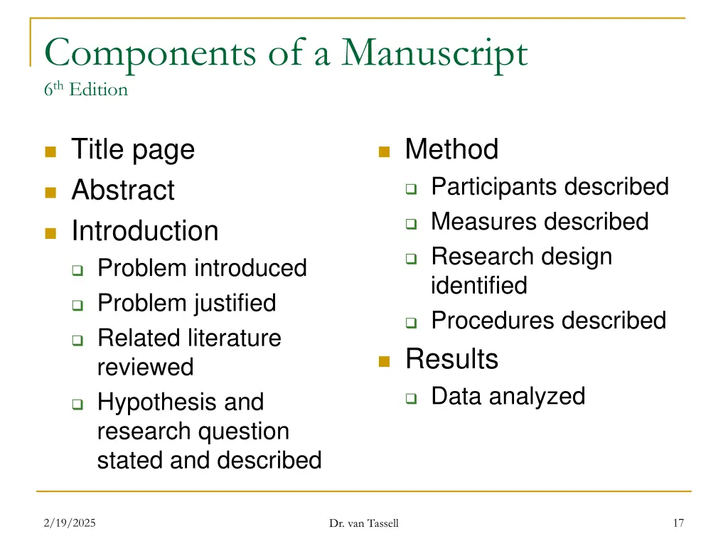 components of a manuscript 6 th edition