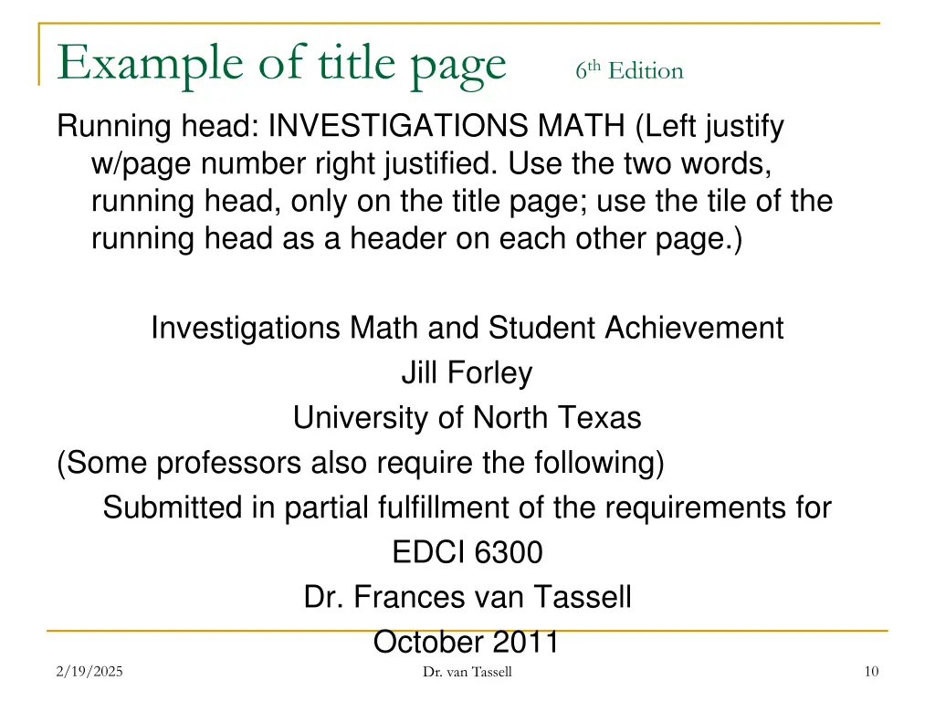 example of title page 6 th edition running head