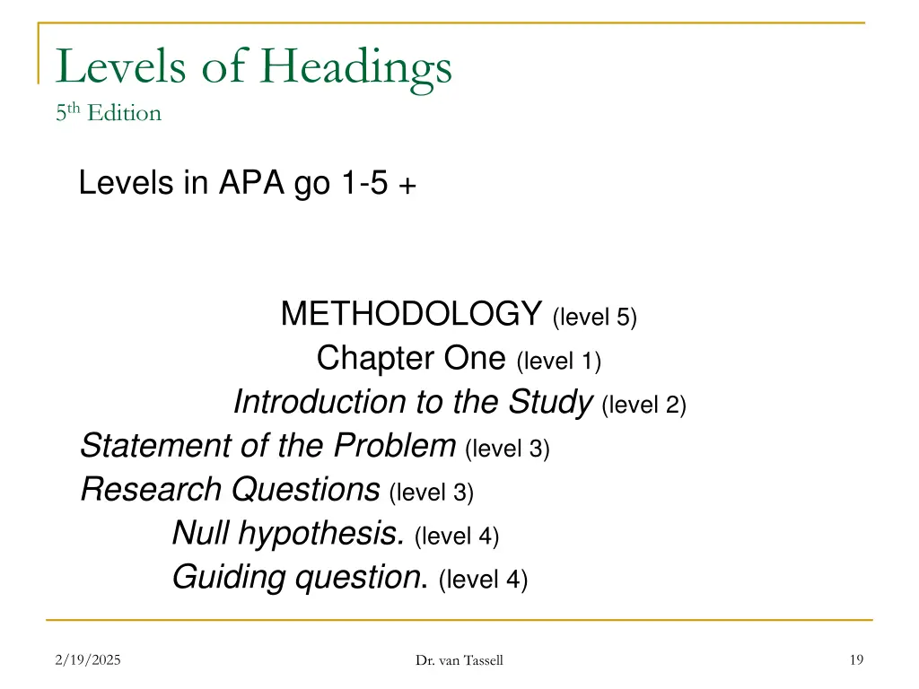 levels of headings 5 th edition