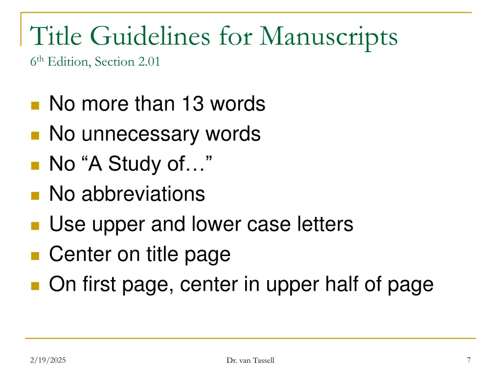 title guidelines for manuscripts 6 th edition