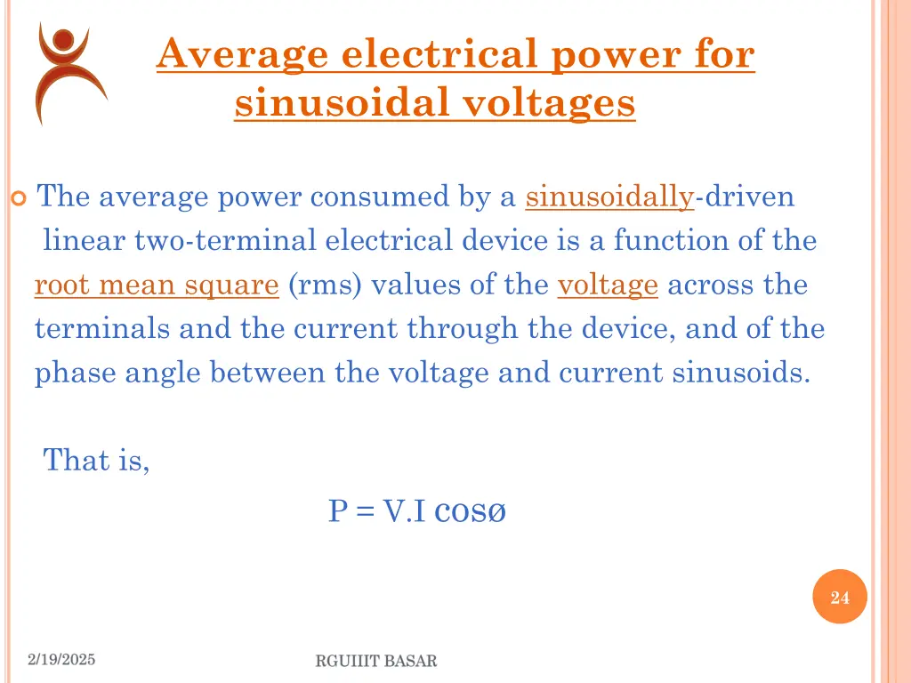 average electrical power for sinusoidal voltages