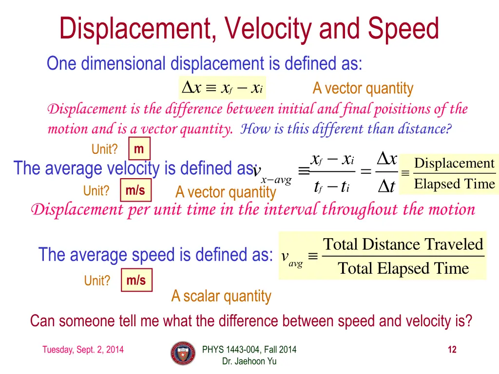 displacement velocity and speed one dimensional