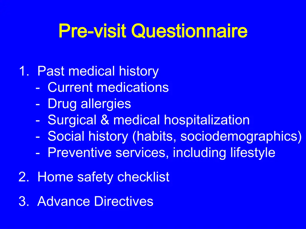 pre pre visit questionnaire visit questionnaire