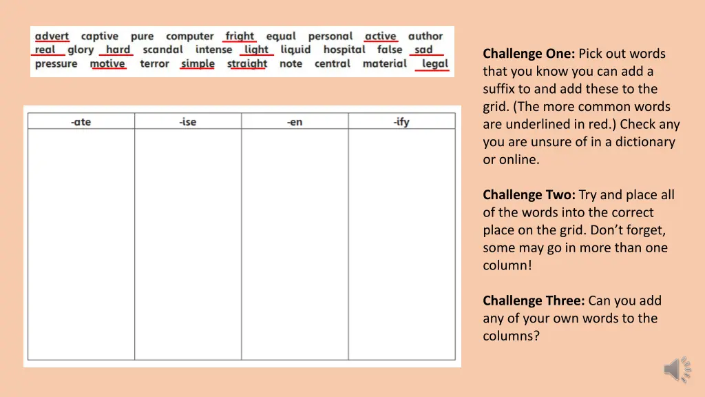 challenge one pick out words that you know