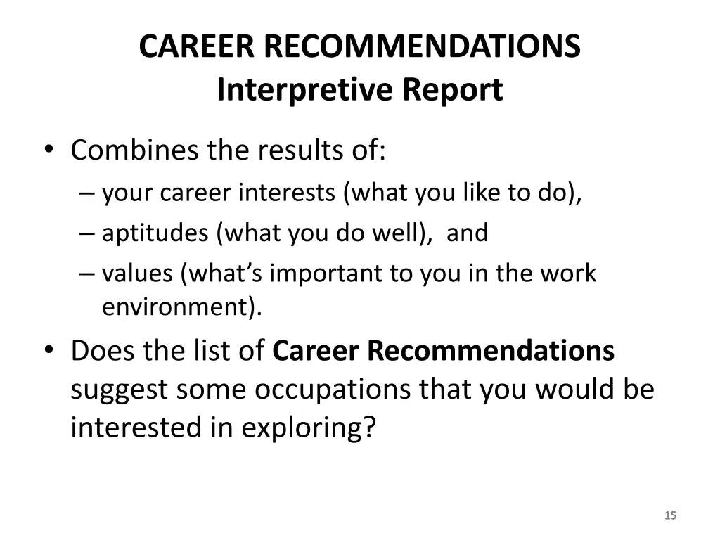 career recommendations interpretive report