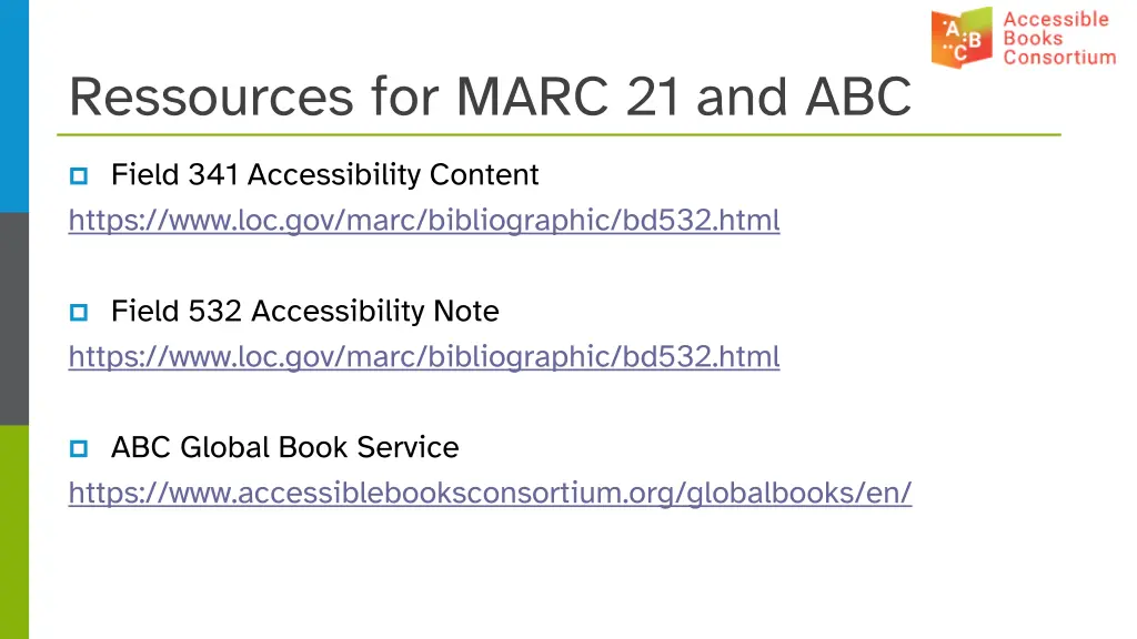 ressources for marc 21 and abc