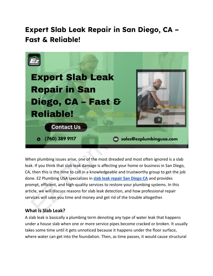 expert slab leak repair in san diego ca fast