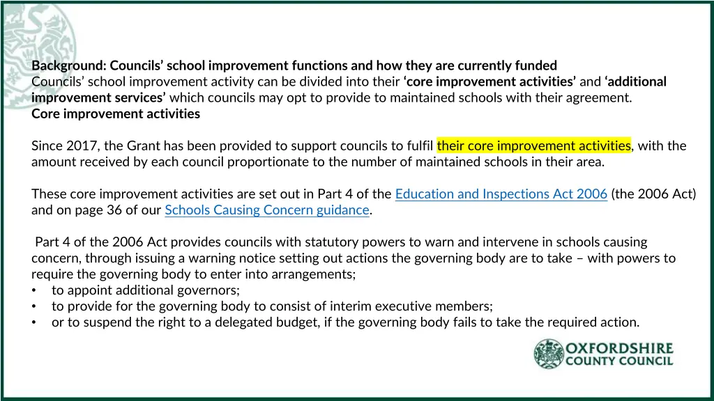 background councils school improvement functions