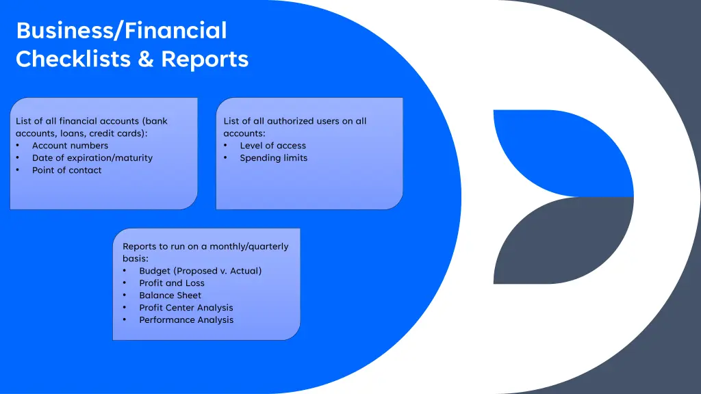 business financial checklists reports