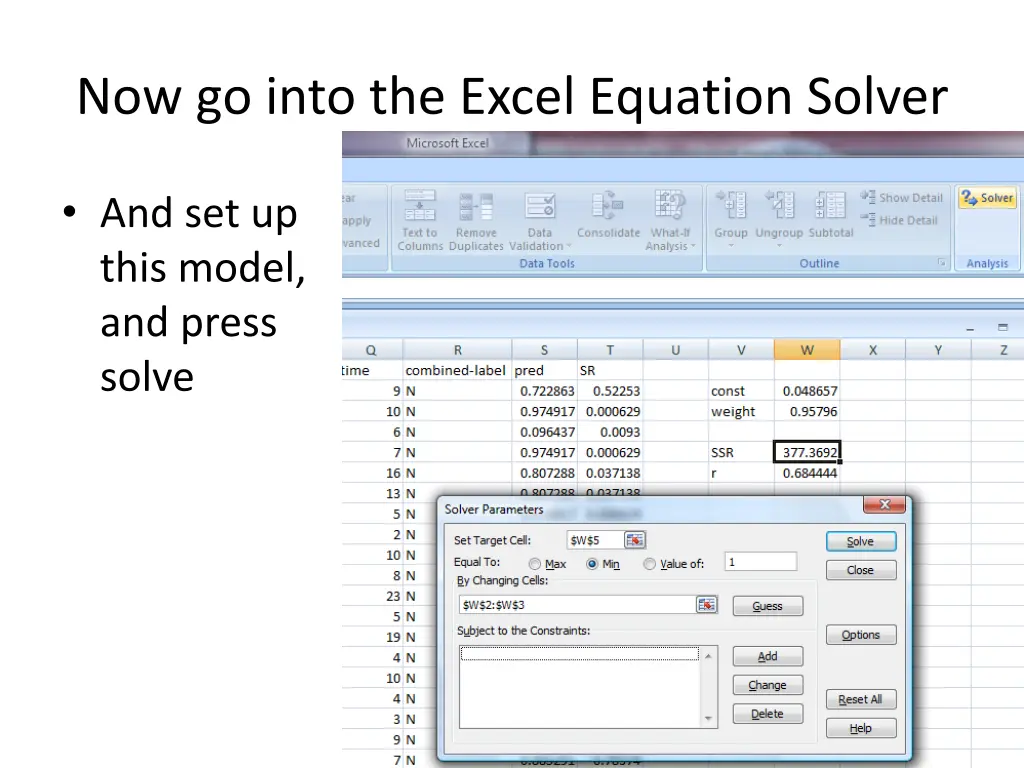 now go into the excel equation solver