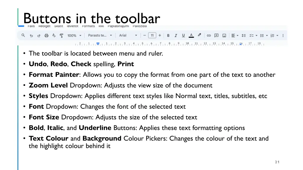 buttons in the toolbar