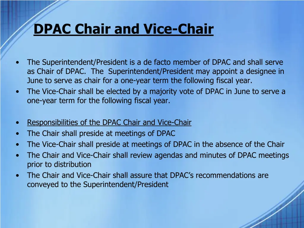 dpac chair and vice chair