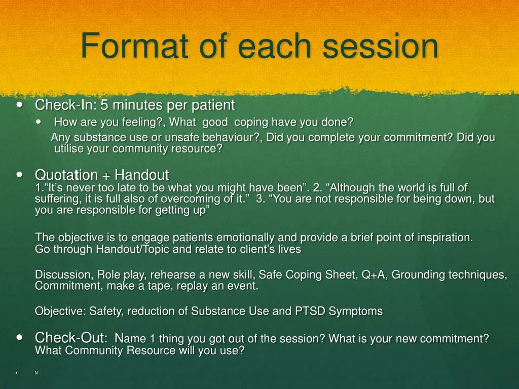 format of each session