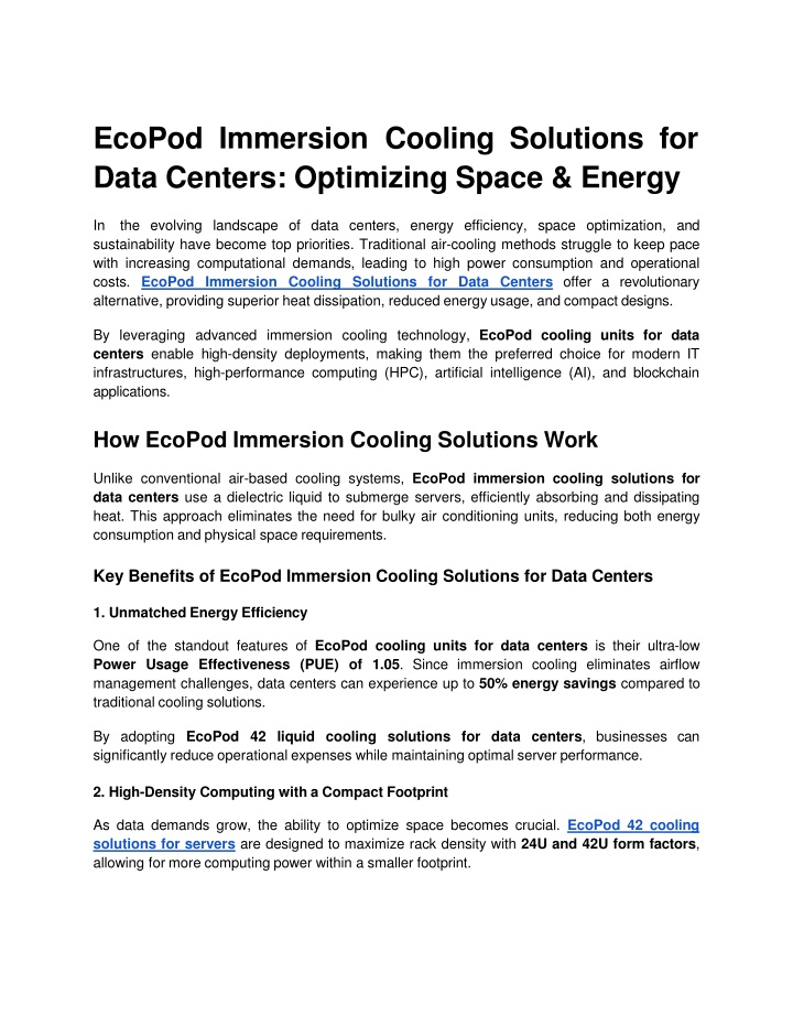ecopod immersion cooling solutions for data