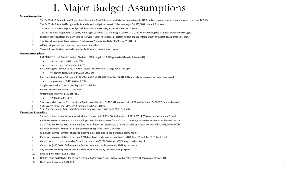 i major budget assumptions