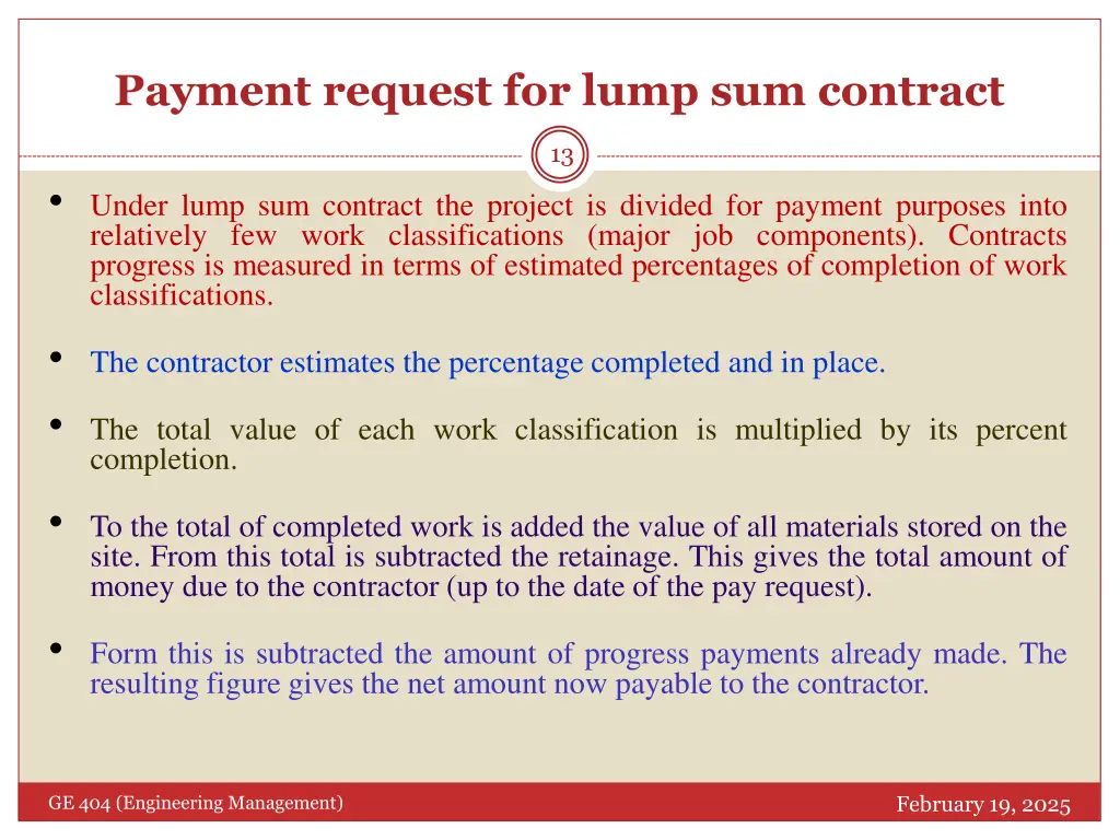 payment request for lump sum contract