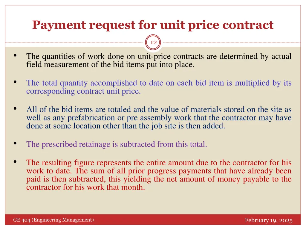 payment request for unit price contract