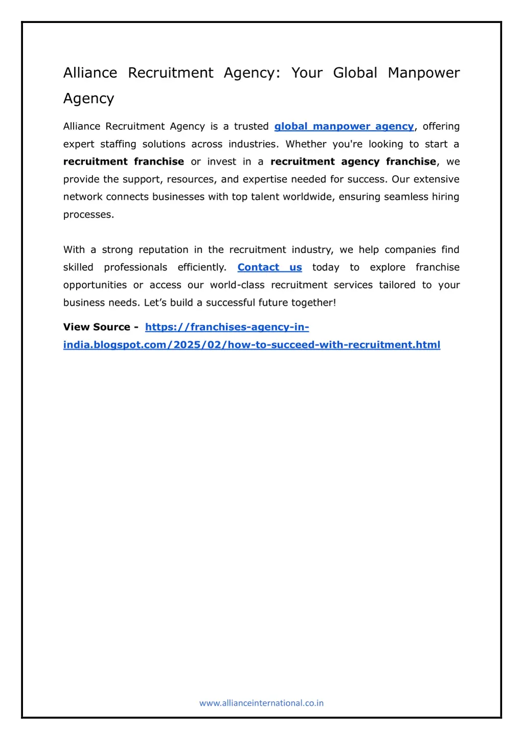 alliance recruitment agency your global manpower
