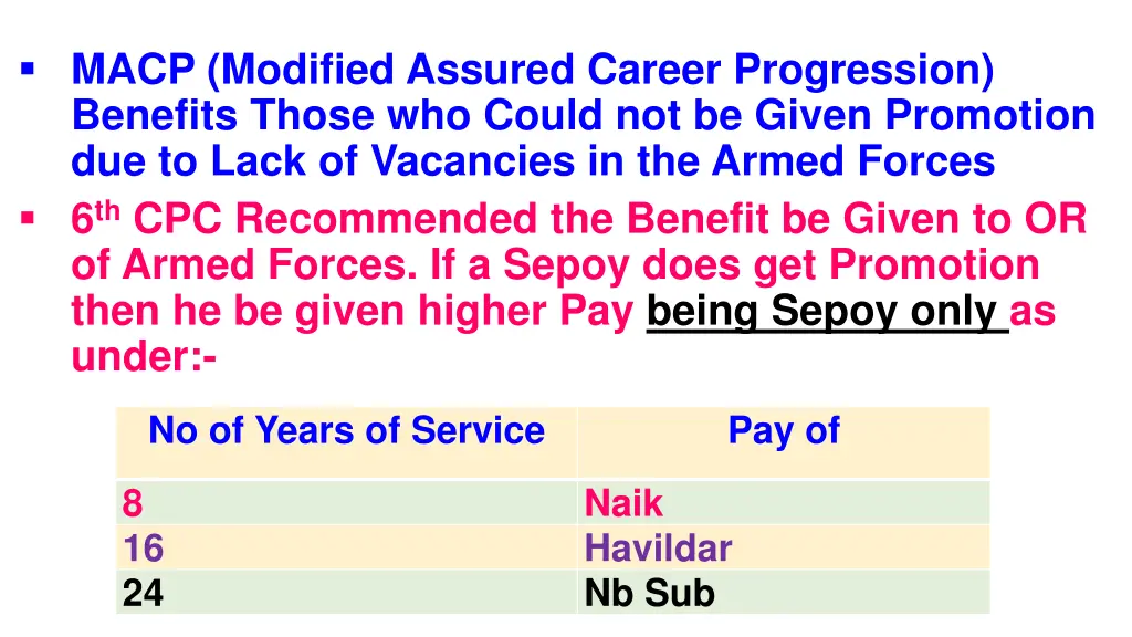 macp modified assured career progression benefits