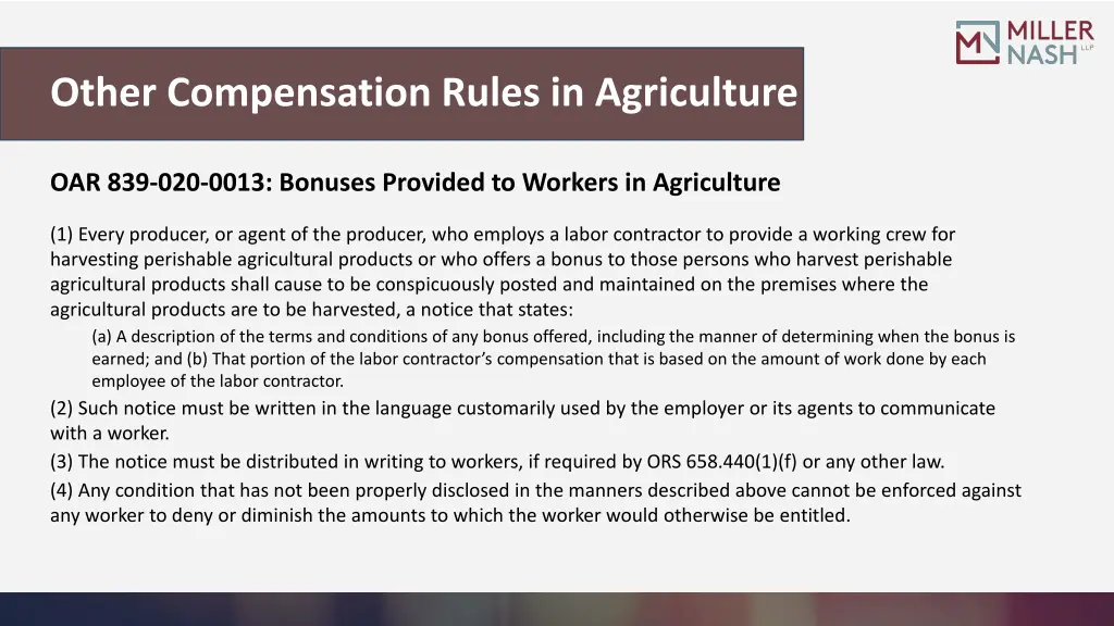 other compensation rules in agriculture