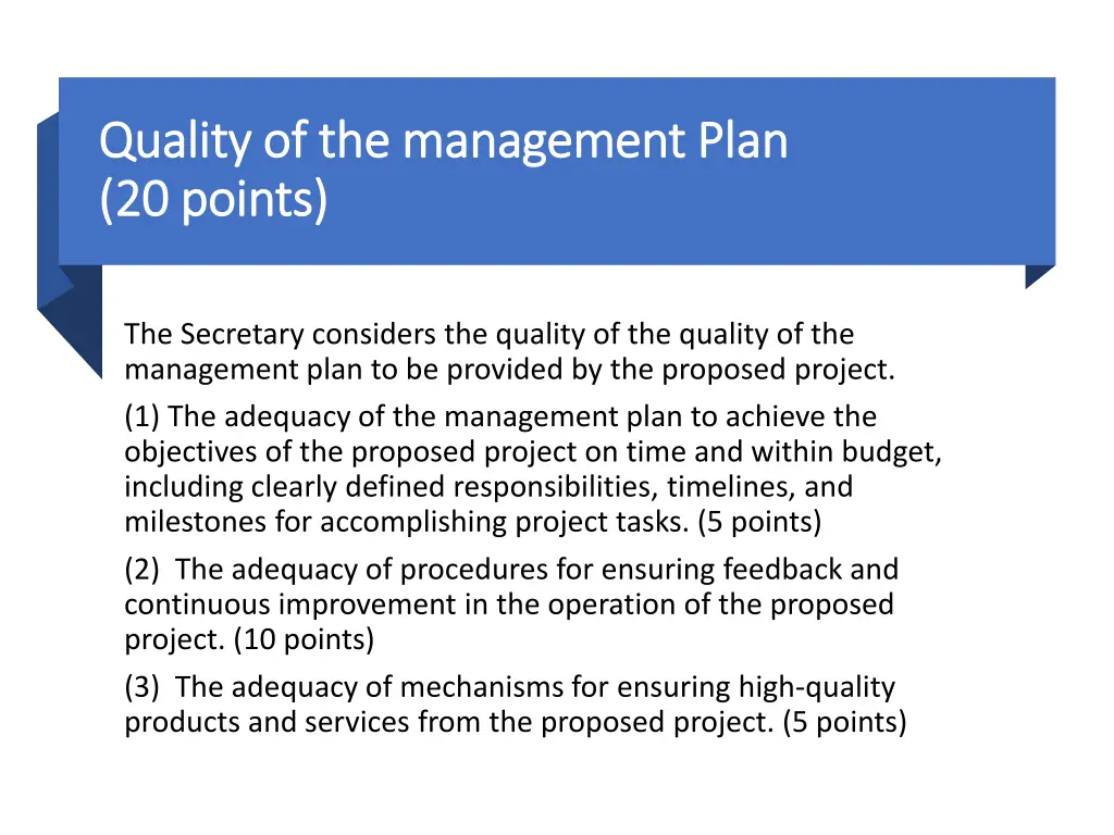 quality of the management plan quality