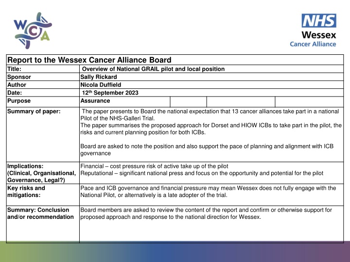 report to the wessex cancer alliance board title
